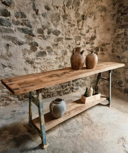 Industrial Kitchen Island Console Table with Cast Iron Base – France, Mid-20th Century (1)