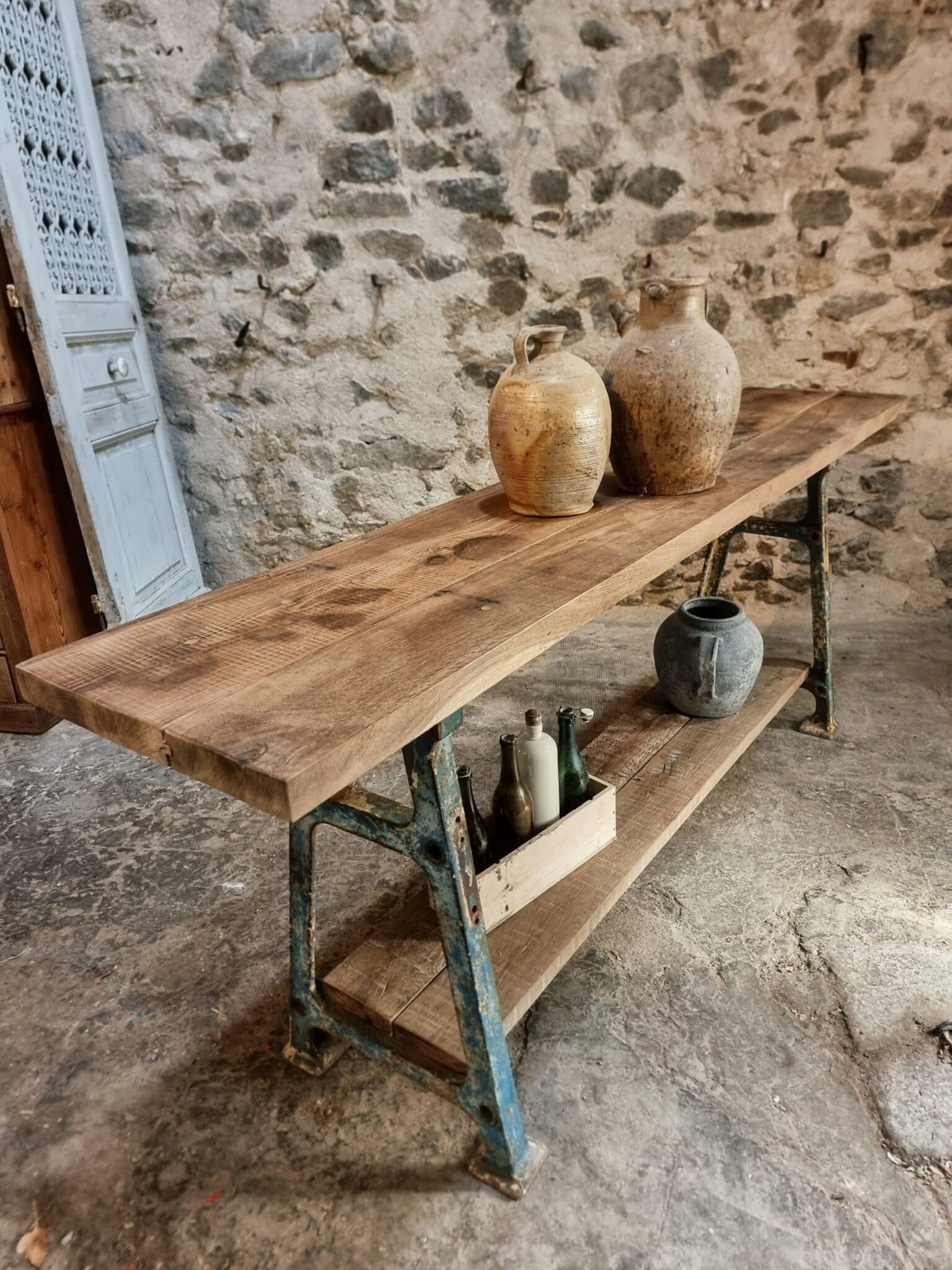 Industrial Kitchen Island Console Table with Cast Iron Base – France, Mid-20th Century (10)