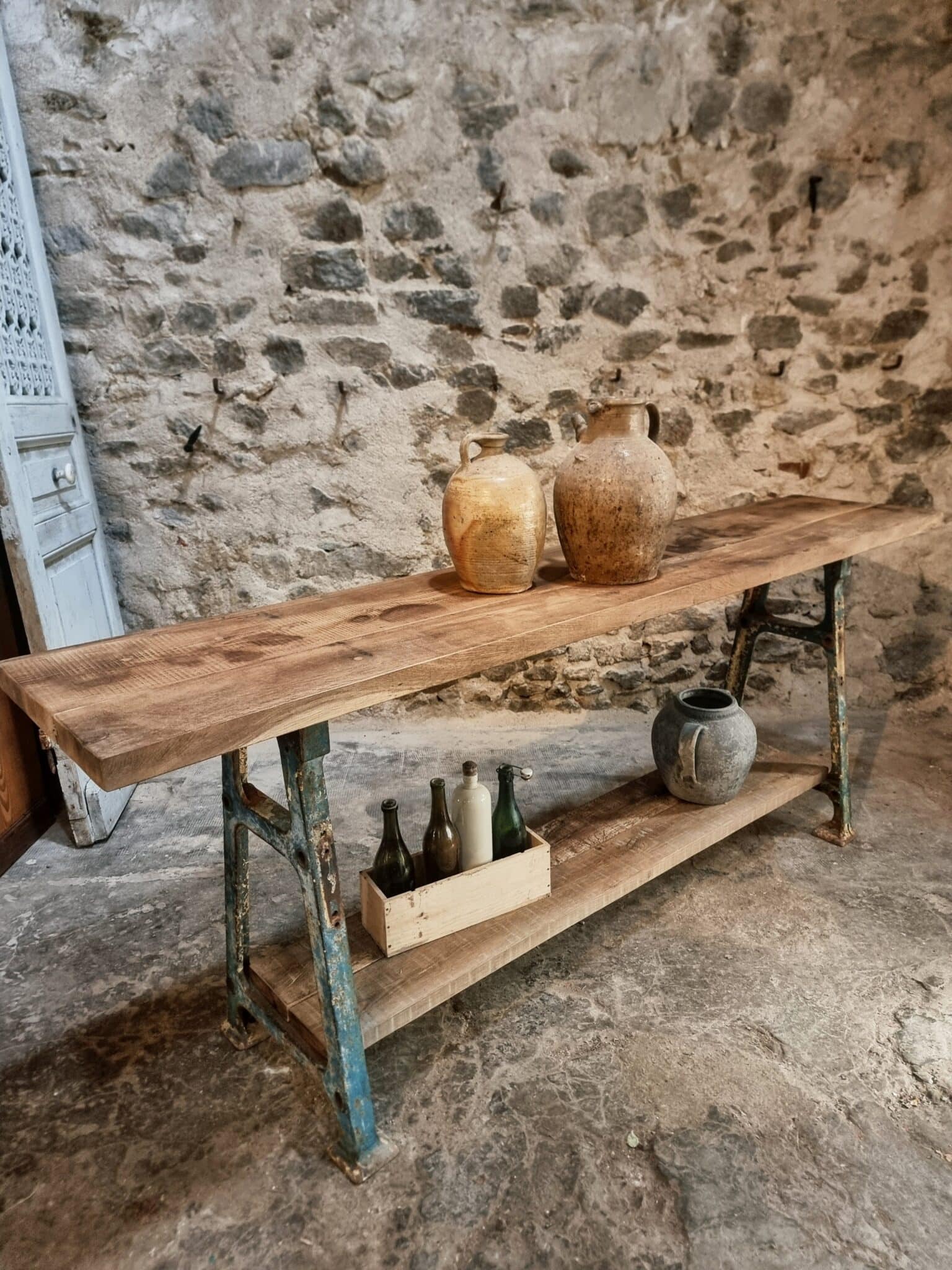 Industrial Kitchen Island Console Table with Cast Iron Base – France, Mid-20th Century (11)