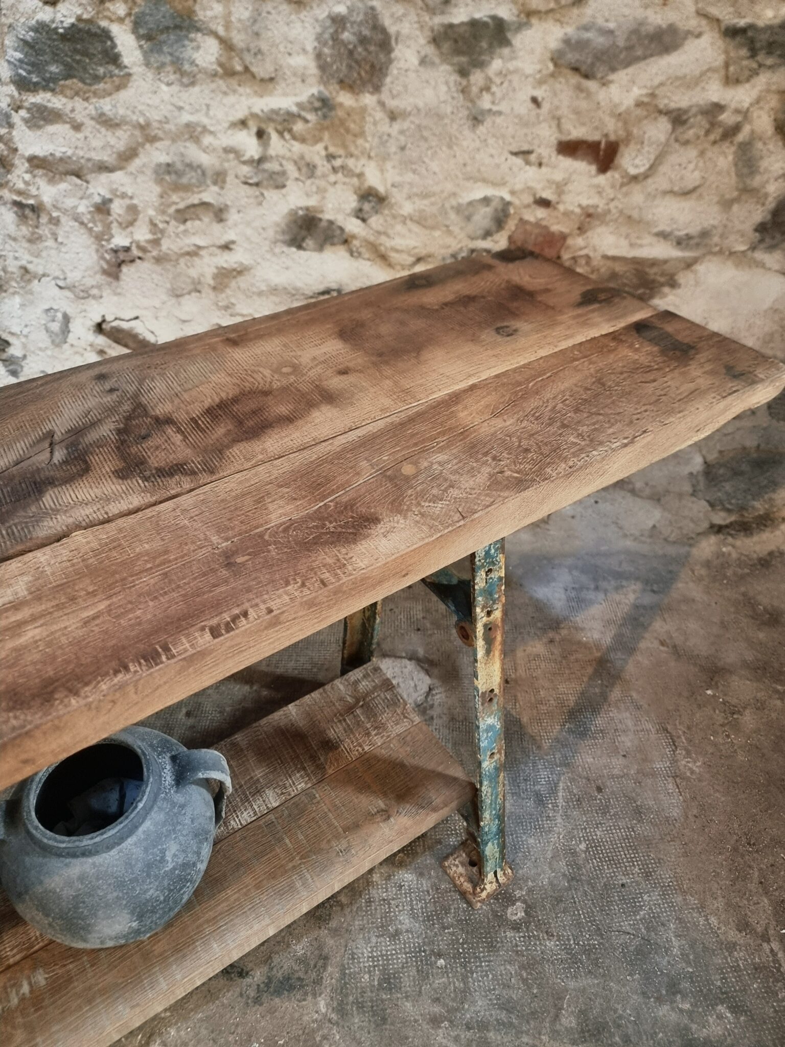 Industrial Kitchen Island Console Table with Cast Iron Base – France, Mid-20th Century (13)