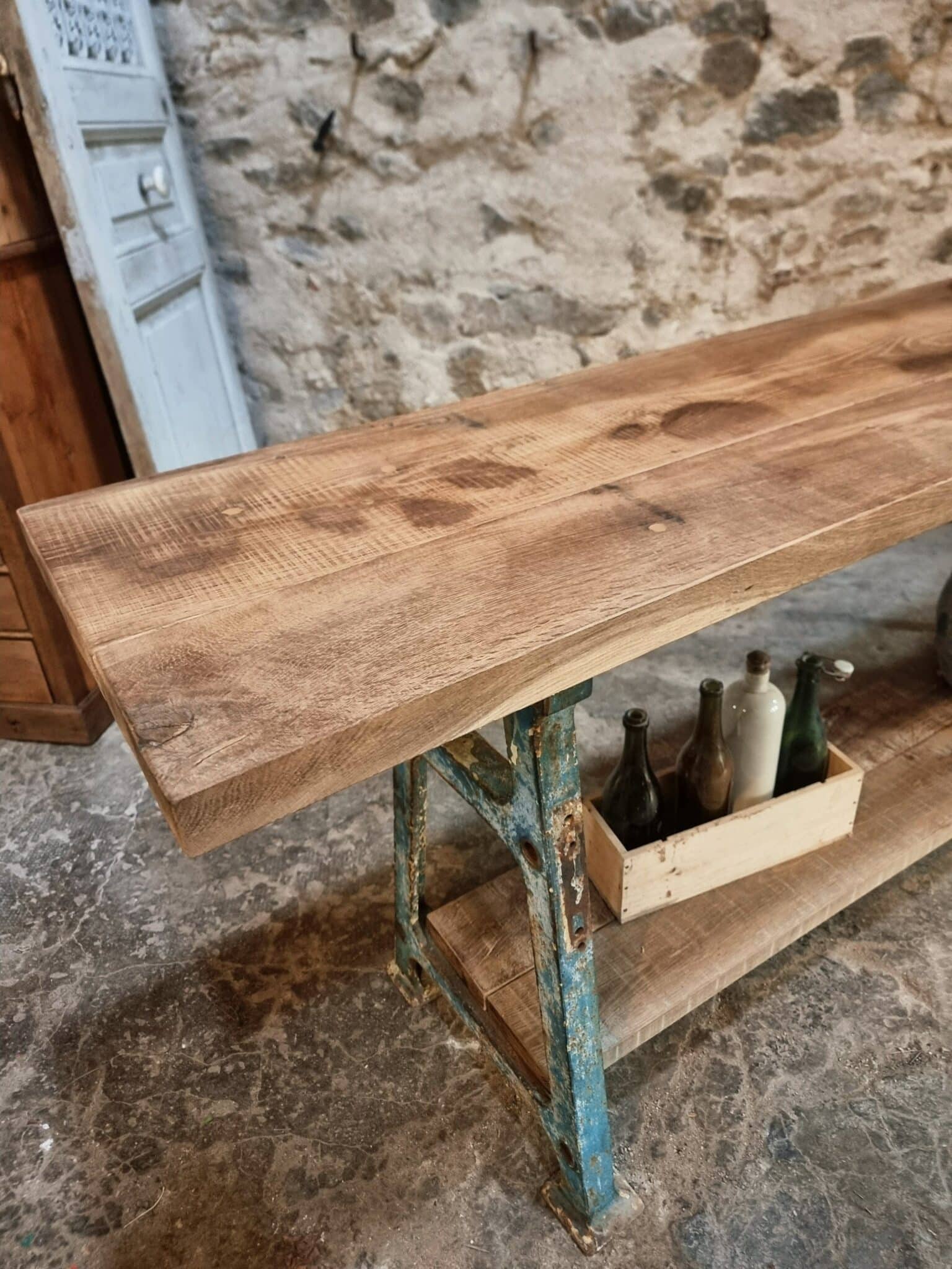 Industrial Kitchen Island Console Table with Cast Iron Base – France, Mid-20th Century (14)