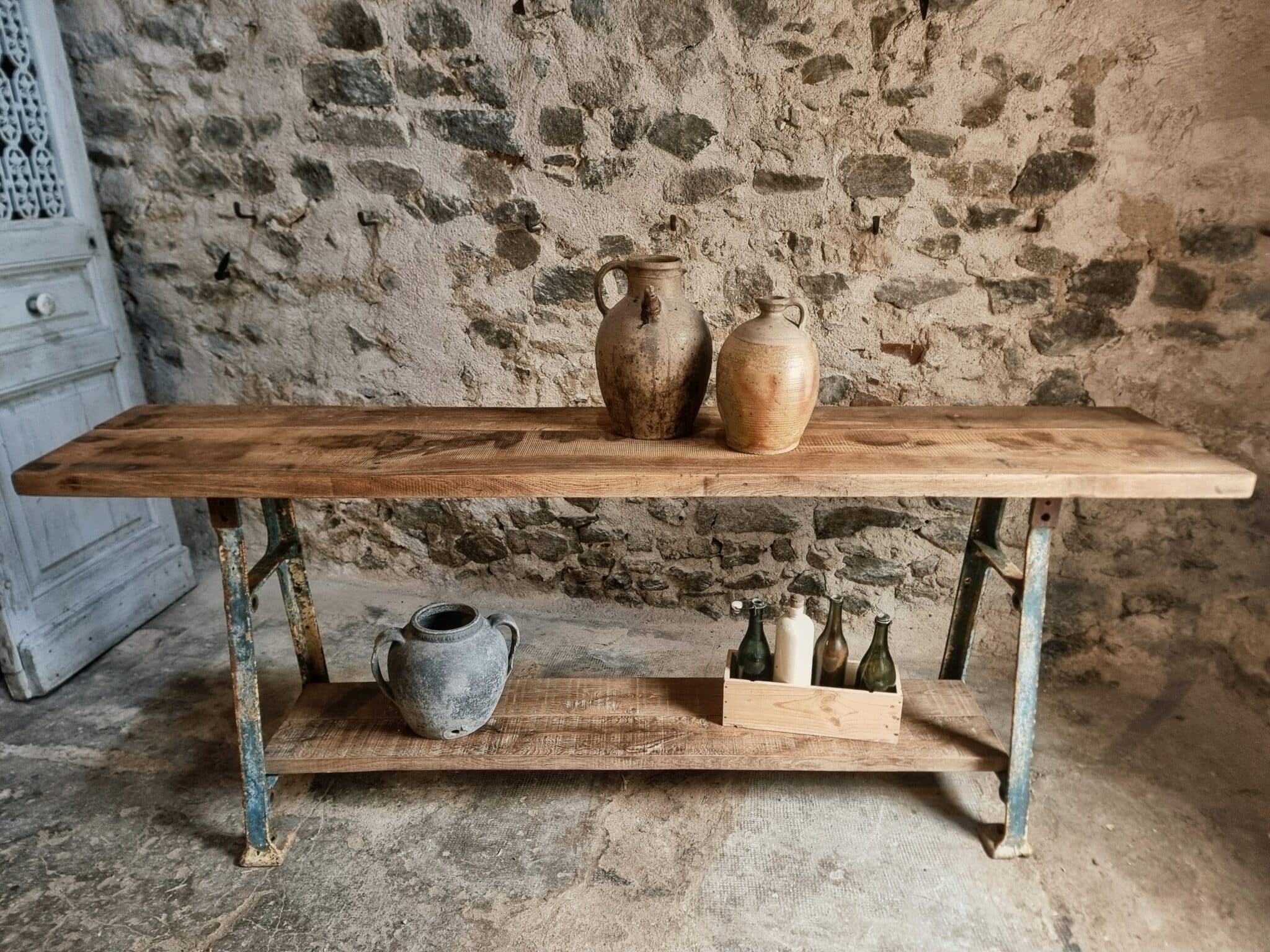 Industrial Kitchen Island Console Table with Cast Iron Base – France, Mid-20th Century (2)