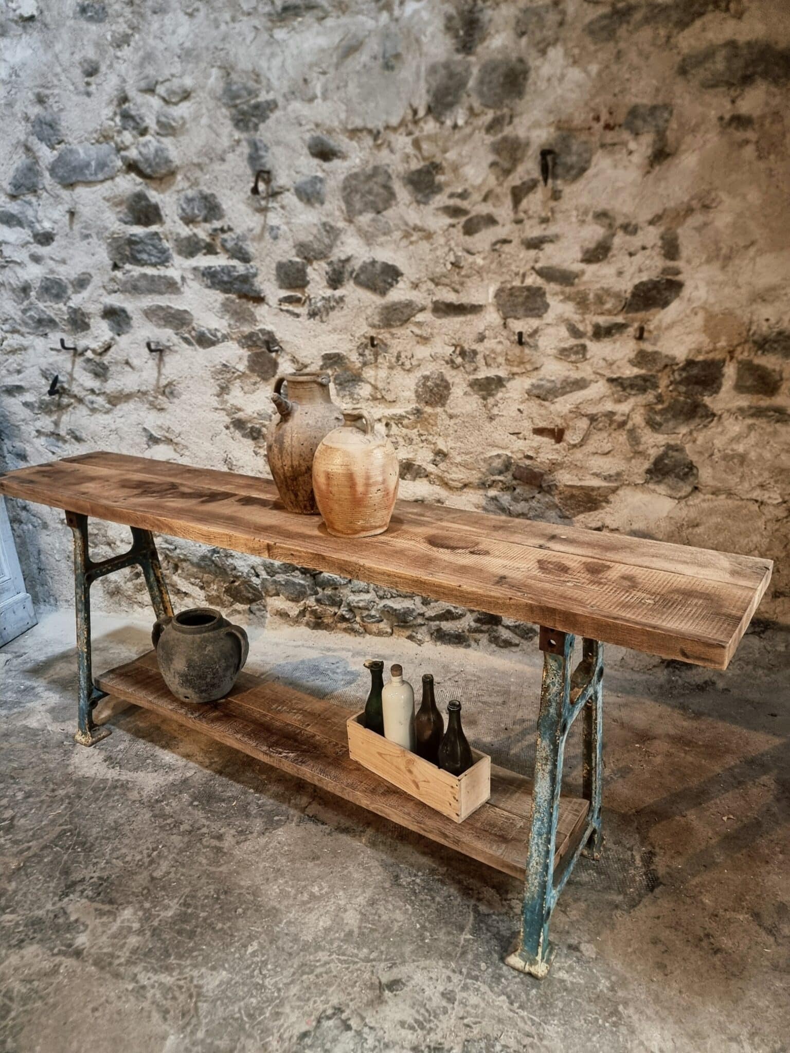 Industrial Kitchen Island Console Table with Cast Iron Base – France, Mid-20th Century (3)