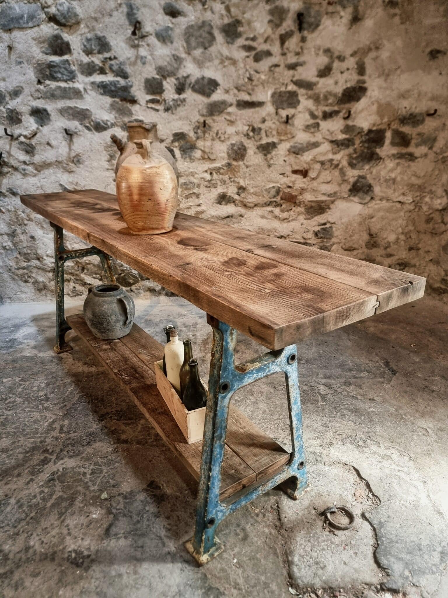 Industrial Kitchen Island Console Table with Cast Iron Base – France, Mid-20th Century (7)