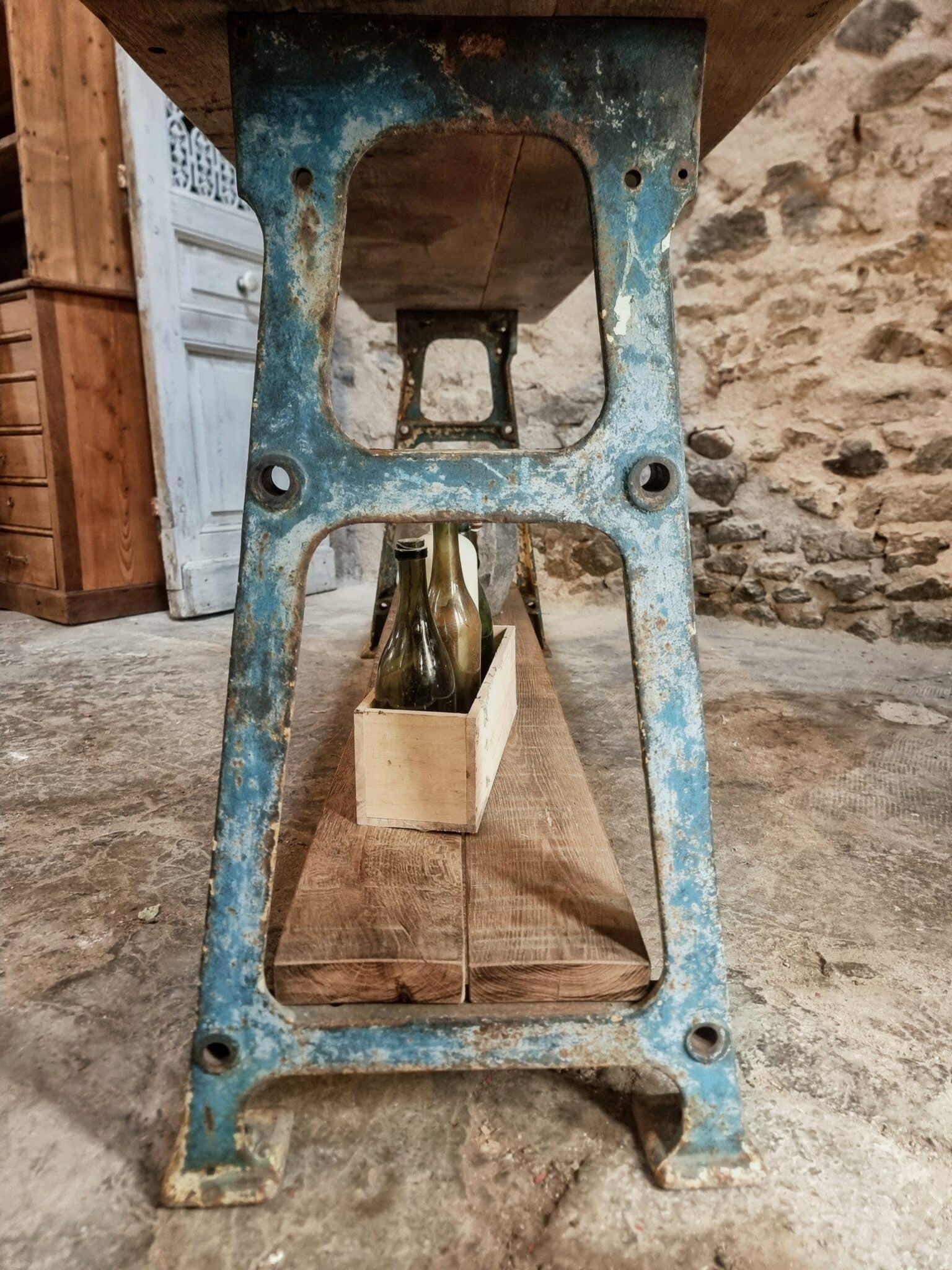 Industrial Kitchen Island Console Table with Cast Iron Base – France, Mid-20th Century (8)
