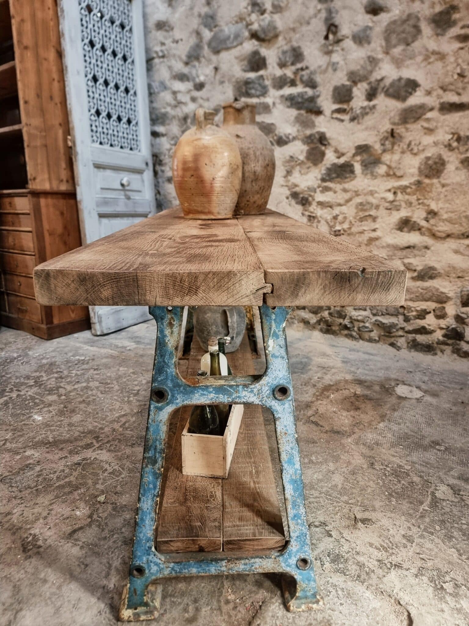 Industrial Kitchen Island Console Table with Cast Iron Base – France, Mid-20th Century (9)