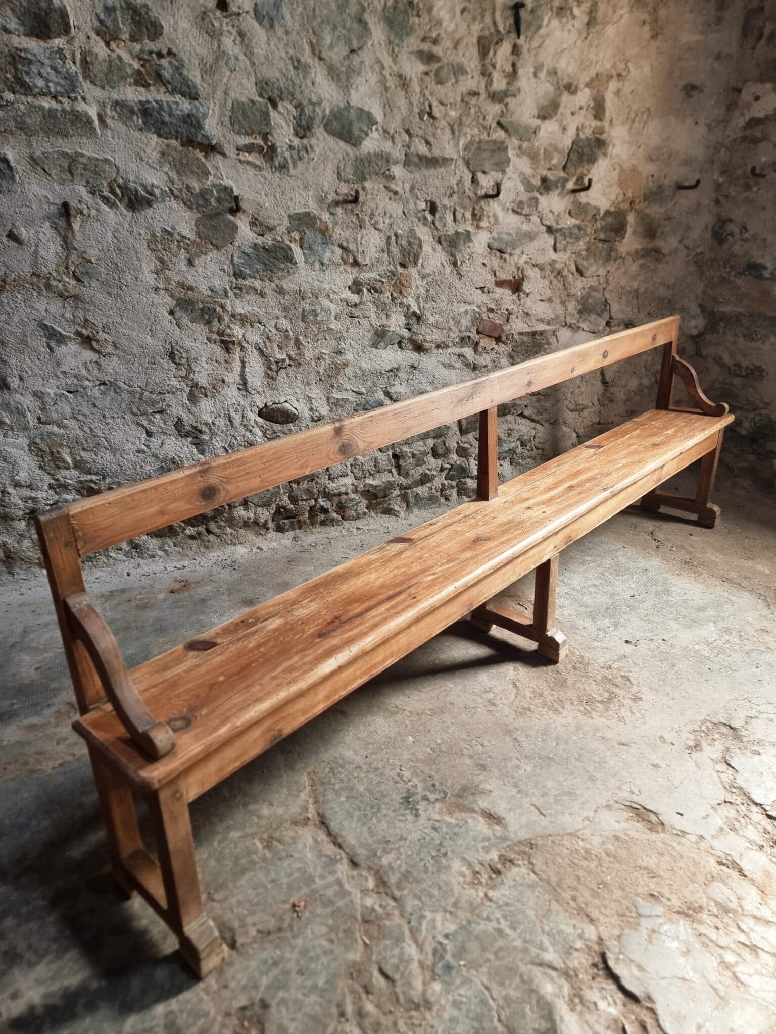 Large Antique Wooden Bench with Backrest – Late 19th Century Pine & Oak (10)