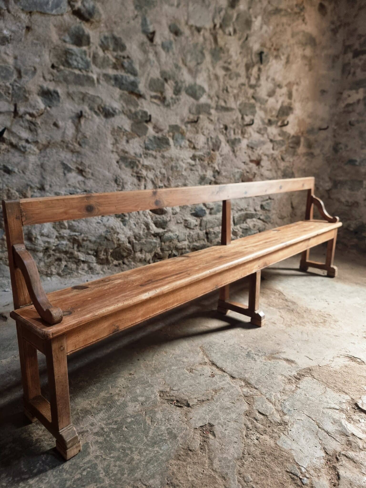 Large Antique Wooden Bench with Backrest – Late 19th Century Pine & Oak (2)