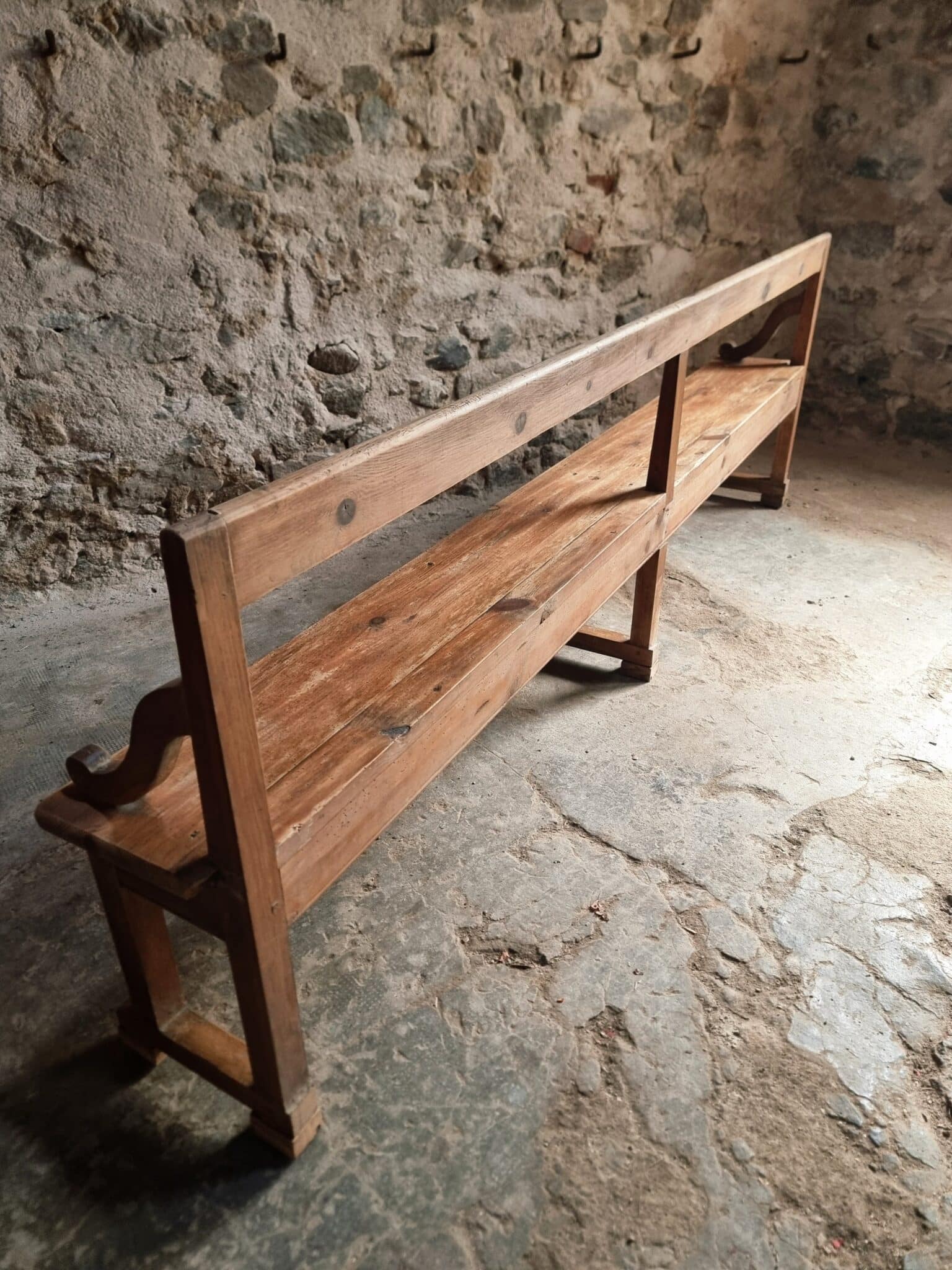 Large Antique Wooden Bench with Backrest – Late 19th Century Pine & Oak (5)