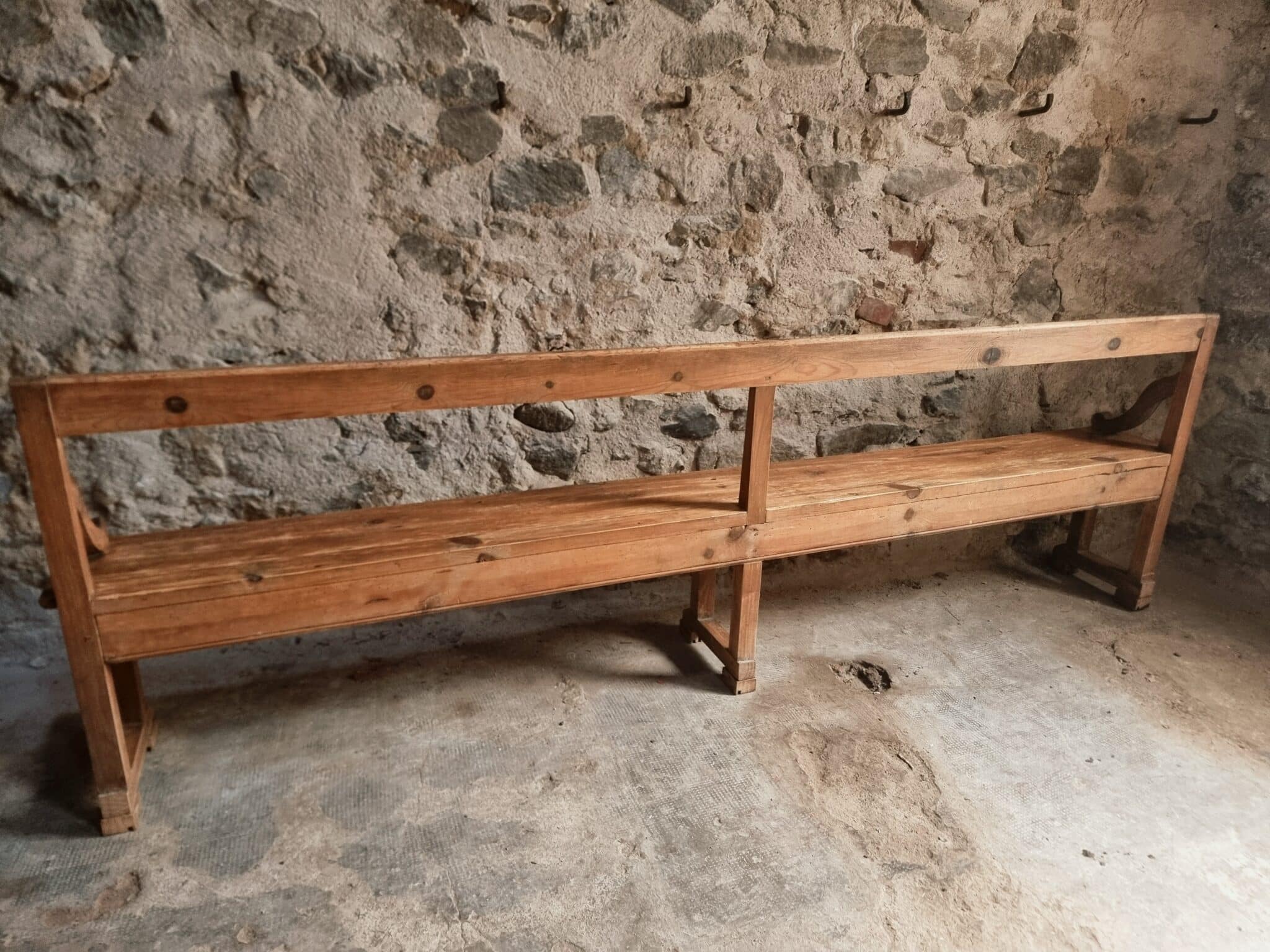 Large Antique Wooden Bench with Backrest – Late 19th Century Pine & Oak (6)