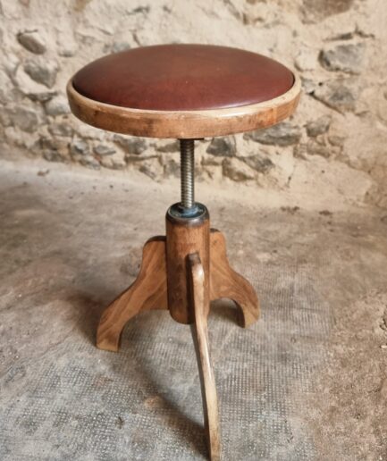 Vintage French Adjustable Wooden Stool Faux Leather Seat 1960s (1)