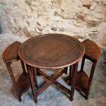 Vintage Oak Nesting Side Table Set, 1960s Round Coffee Table with Two Integrated Side Tables (19)