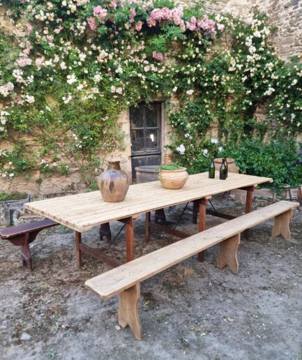Antique French Folding Garden Table Set with Benches, Pine & Chestnut, circa 1900–1920 (1)