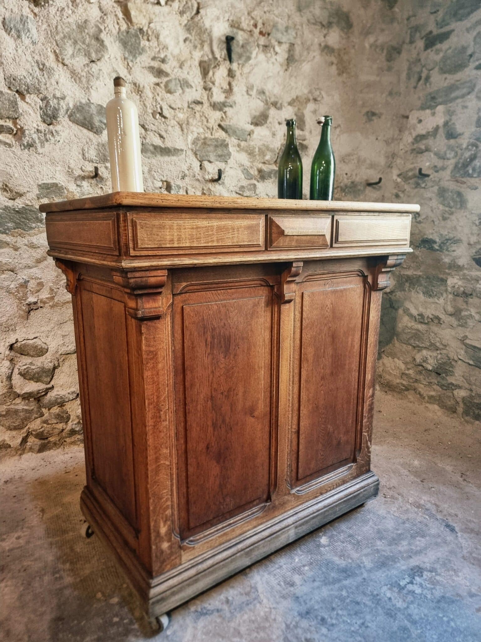 Antique French Oak Shop Counter Kitchen Island on Castors, c. 1880–1900 (1) Antique French Oak Shop Counter Kitchen Island on Castors, c. 1880–1900 (1)