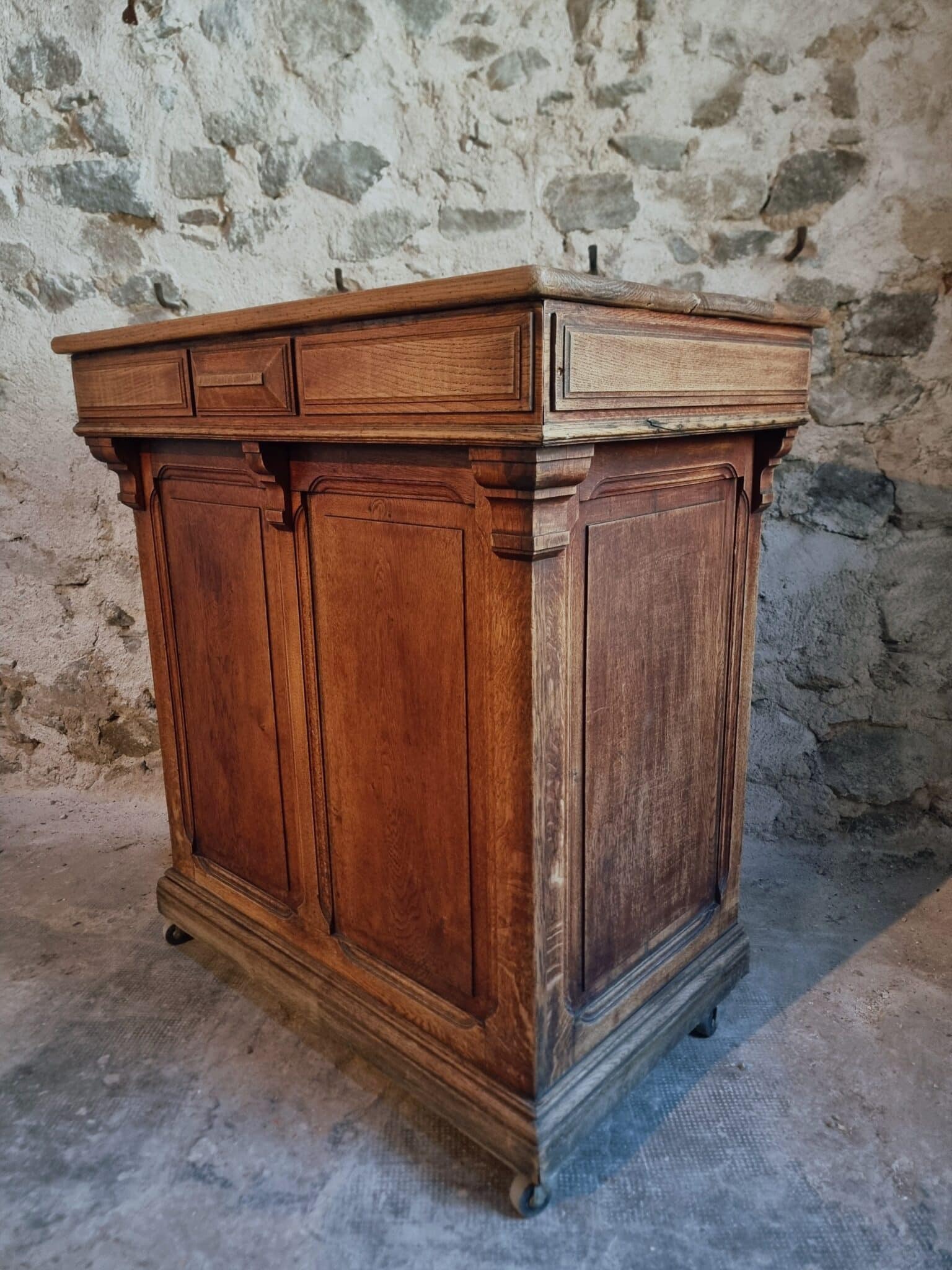 Antique French Oak Shop Counter Kitchen Island on Castors, c. 1880–1900 (11)