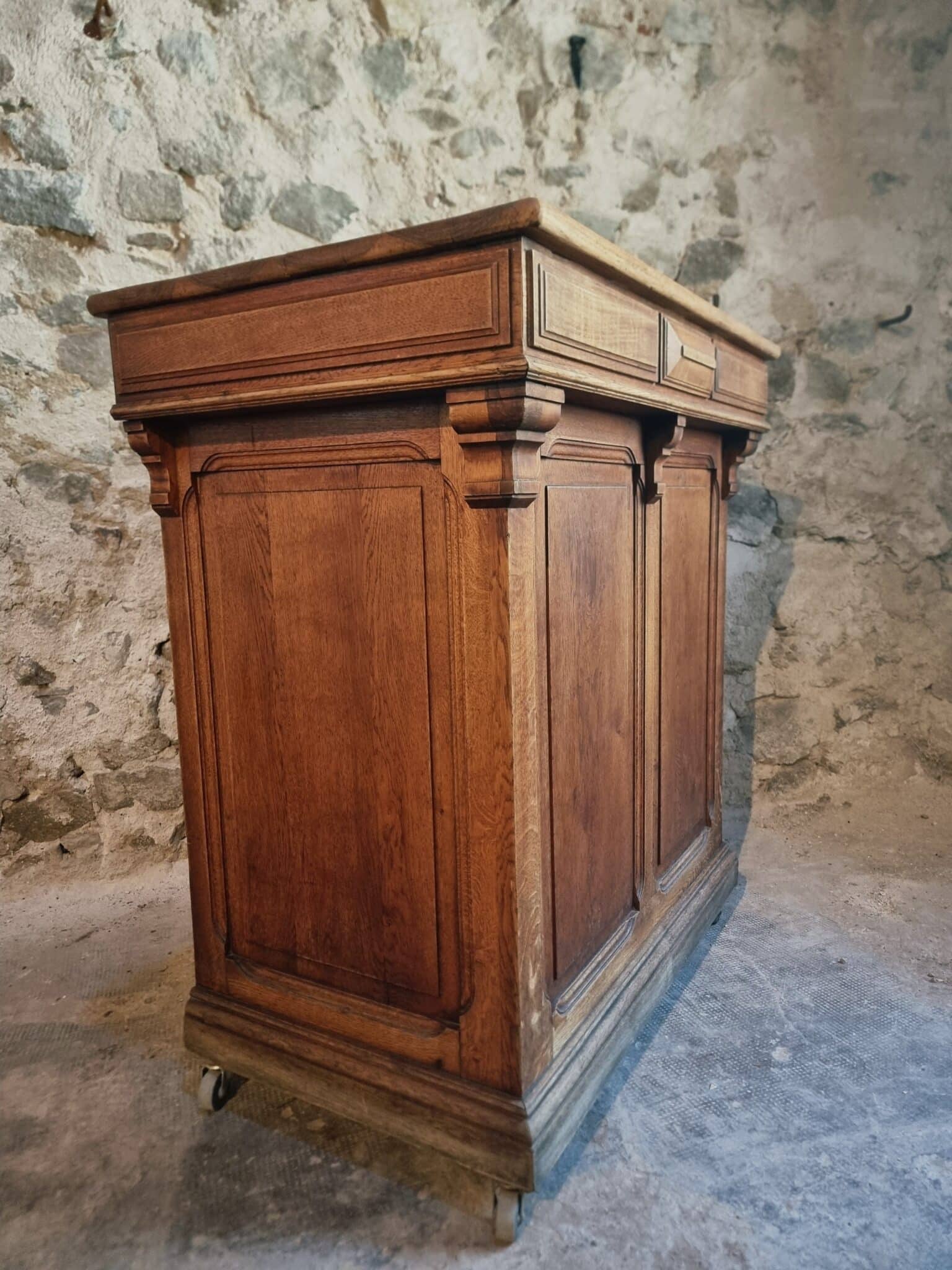 Antique French Oak Shop Counter Kitchen Island on Castors, c. 1880–1900 (16)