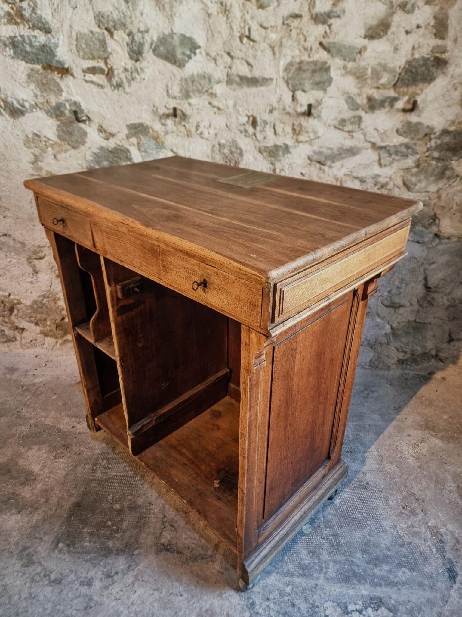 Antique French Oak Shop Counter Kitchen Island on Castors, c. 1880–1900 (19)
