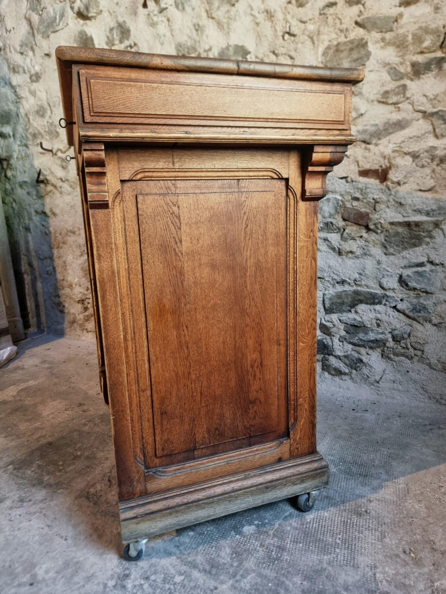 Antique French Oak Shop Counter Kitchen Island on Castors, c. 1880–1900 (20)