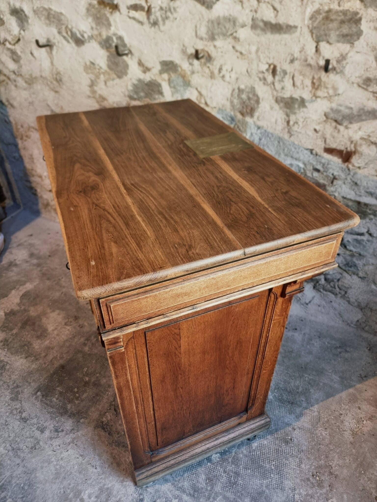 Antique French Oak Shop Counter Kitchen Island on Castors, c. 1880–1900 (21)