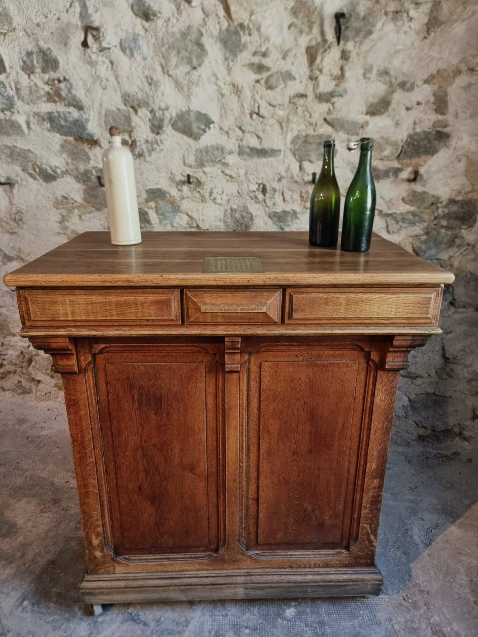 Antique French Oak Shop Counter Kitchen Island on Castors, c. 1880–1900 (22)