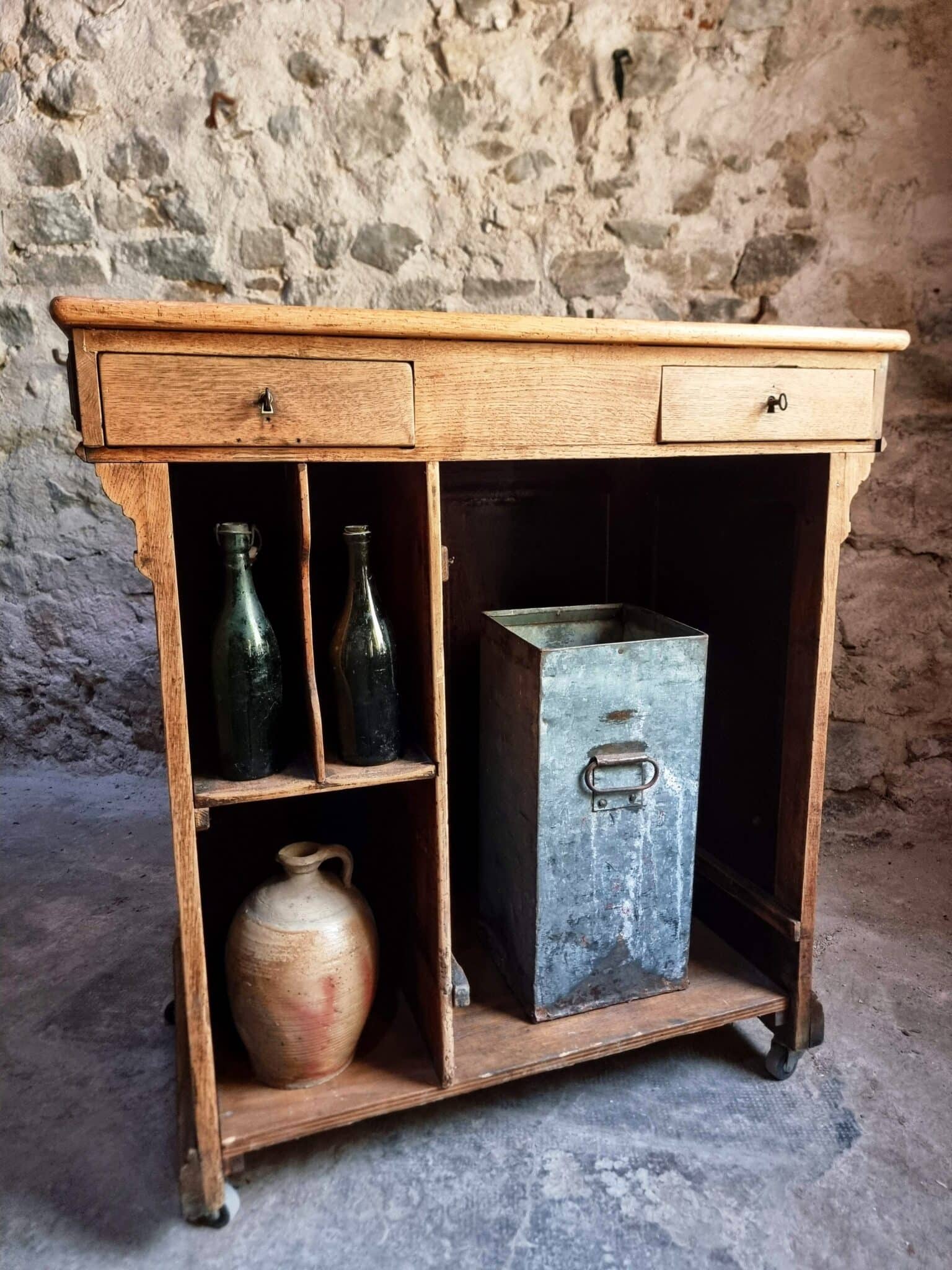 Antique French Oak Shop Counter Kitchen Island on Castors, c. 1880–1900 (5)