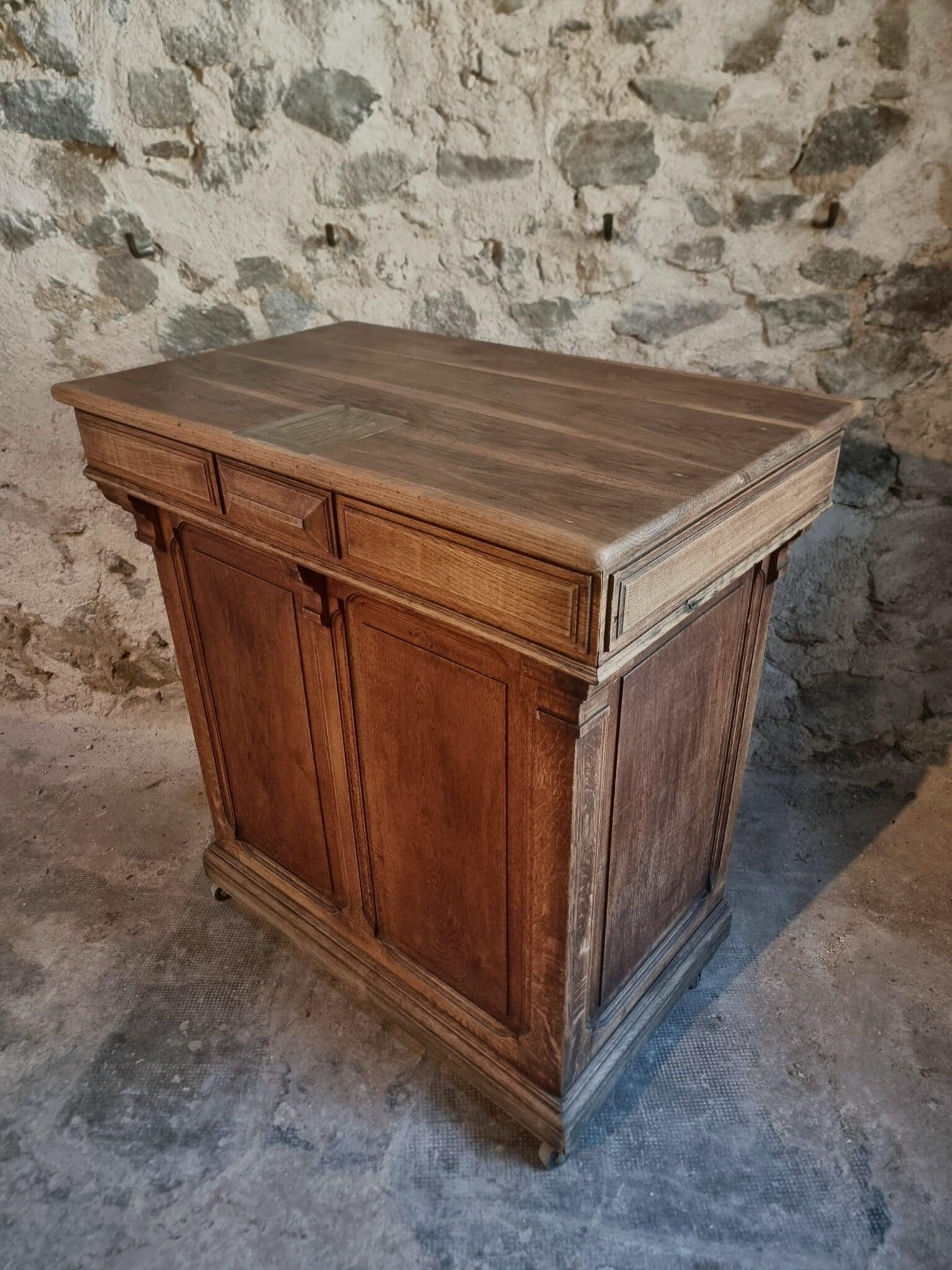 Antique French Oak Shop Counter Kitchen Island on Castors, c. 1880–1900 (6)
