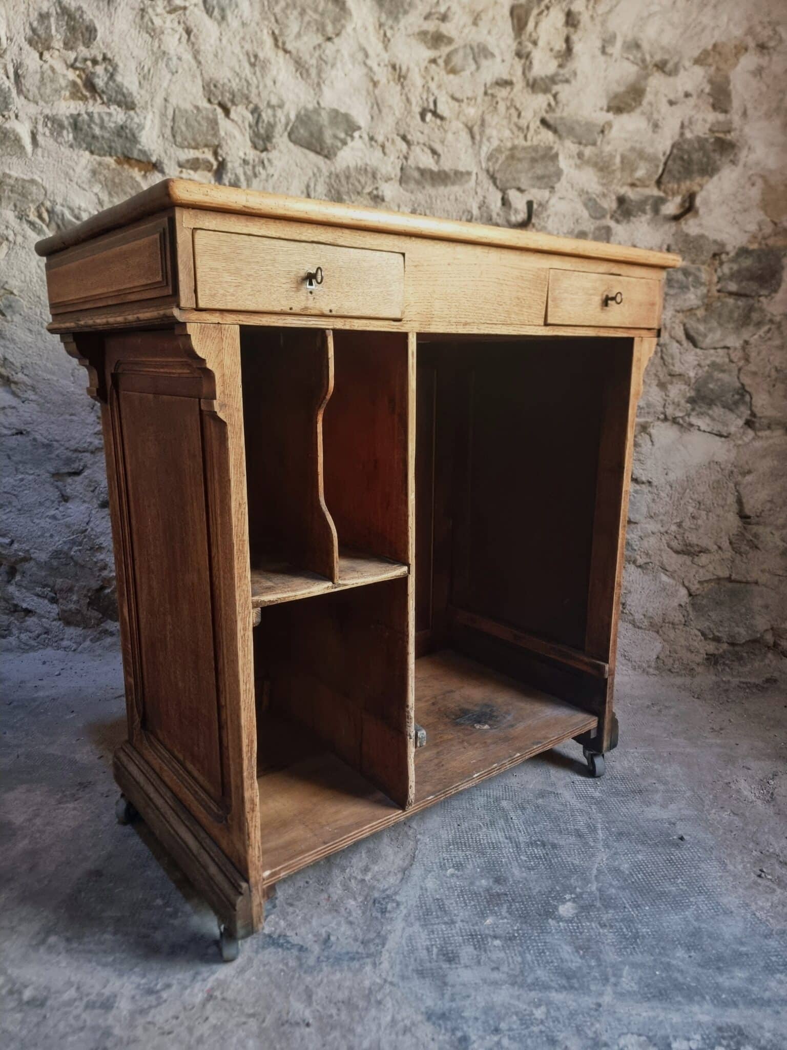 Antique French Oak Shop Counter Kitchen Island on Castors, c. 1880–1900 (7)