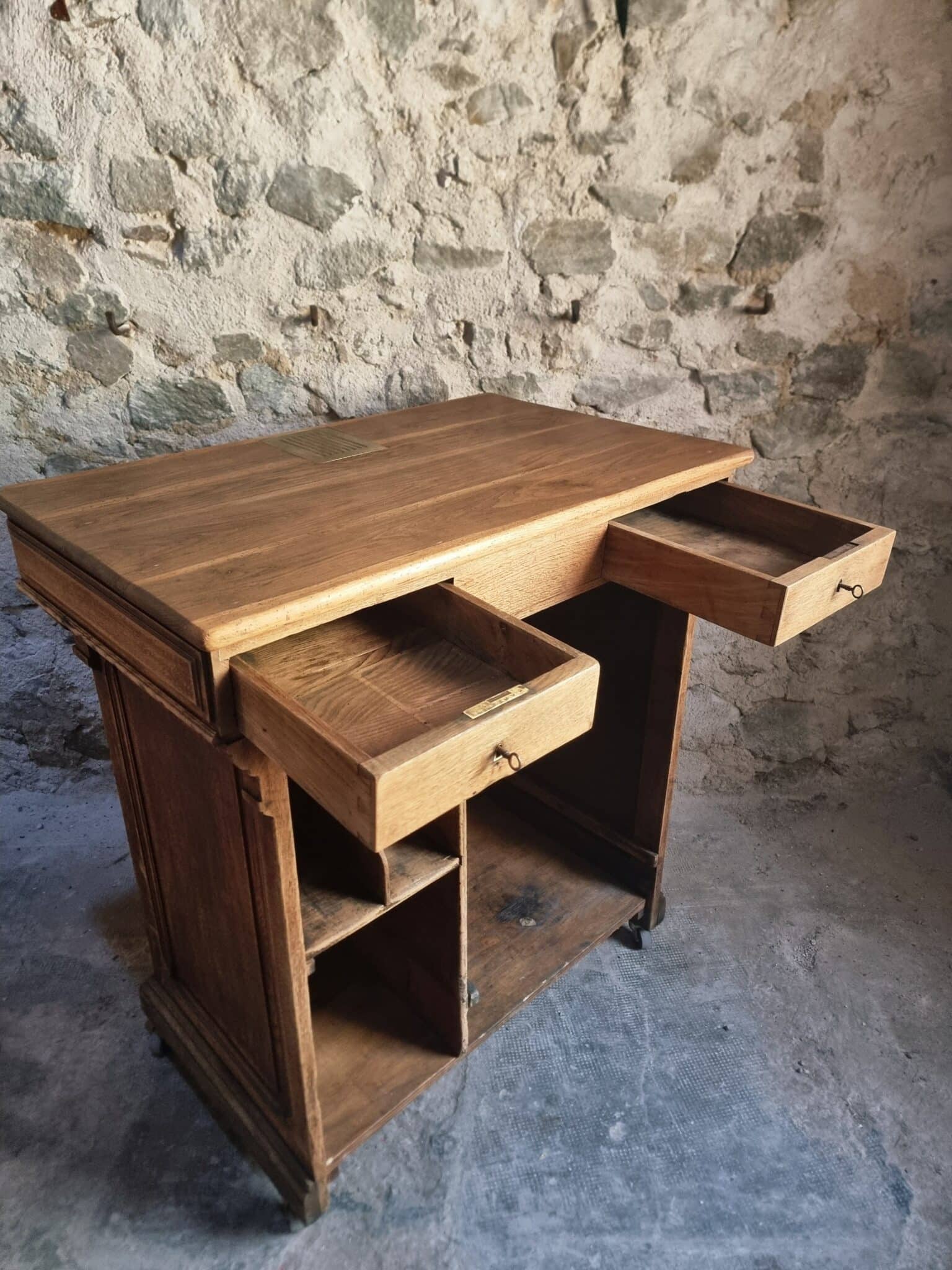 Antique French Oak Shop Counter Kitchen Island on Castors, c. 1880–1900 (9)