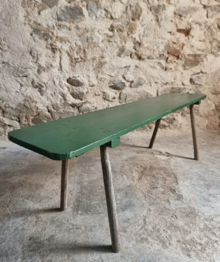 Antique French Pine Bench with Chestnut Legs, Green Painted Finish, circa 1900–1930 (1)