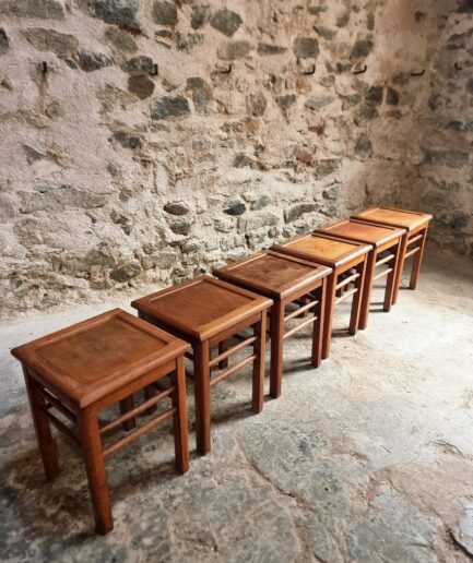 Set of 6 Vintage French Workshop Stools, Beech Wood Seating, Industrial Atelier Stools, France circa 1930s (1)
