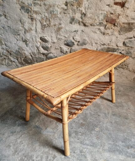 Vintage Bamboo & Rattan Coffee Table with Magazine Rack, French, circa 1960–1970 (1)