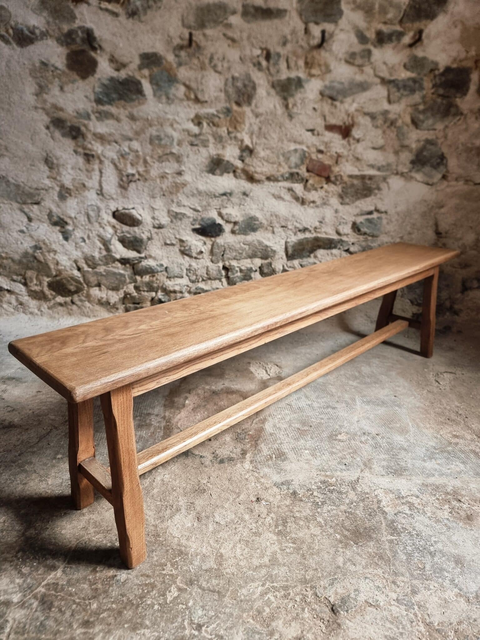 Vintage Oak Bench, Solid Wood Dining Bench, Rustic Farmhouse Bench, French Country Style, circa 1950–1965 (12)