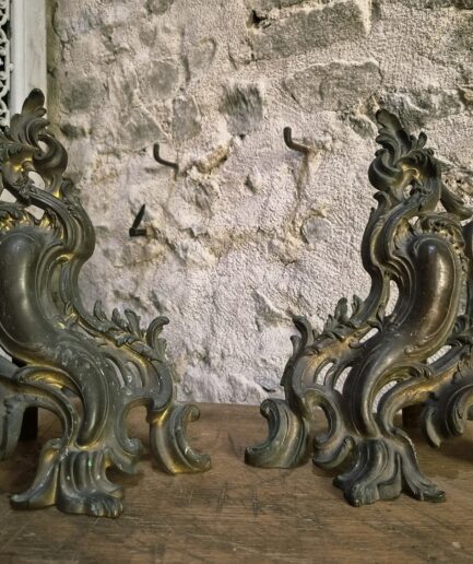 Antique French Bronze Andirons (Chenets), Louis XV Style Fireplace Dogs, Pair, c. 1880–1900 (1)