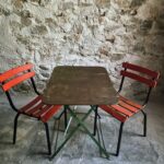 Antique French Folding Bistro Table with Pair of Vintage Garden Chairs (1)