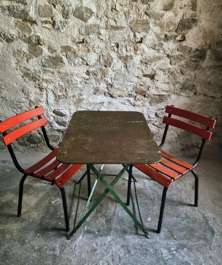 Antique French Folding Bistro Table with Pair of Vintage Garden Chairs (1)