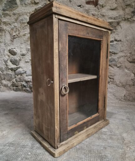 Antique French Wall Cabinet, Pine Oak Hanging Cupboard, Glass Door, c. 1850–1900 (1)