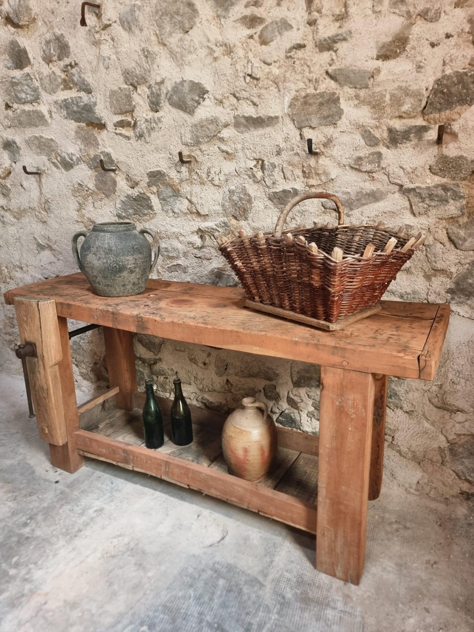 Antique Rustic Workbench, Carpenter's Bench, Console Table, Bathroom Vanity, c. 1900 (19)