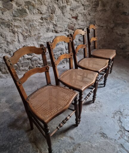 Set of 4 Antique Dining Chairs with Woven Cane Seats, Beech, French, c. 1900–1920 (1)