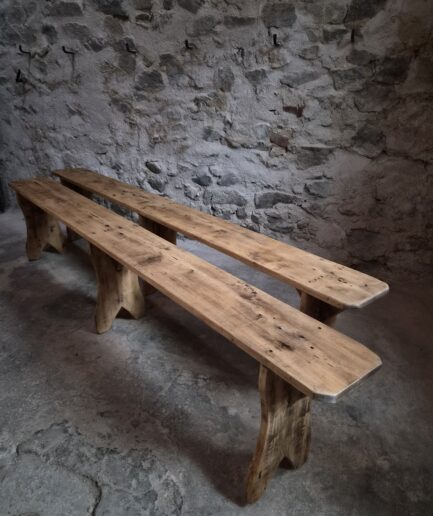 Set of Two French Poplar Wood Benches, 1920–1950 (1)