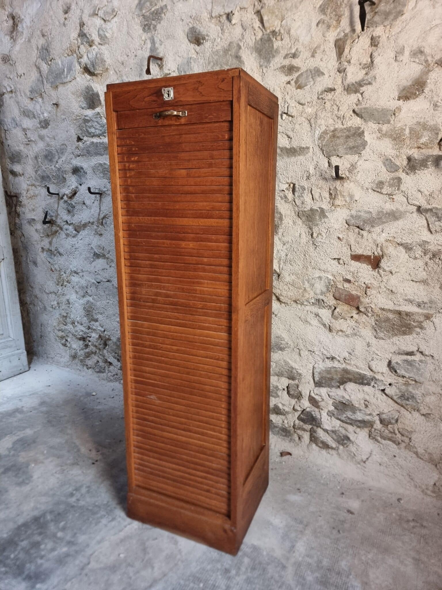 Vintage French Tambour Door Cabinet, 1960s (1) Vintage French oak tambour door cabinet with adjustable shelves, 1960s