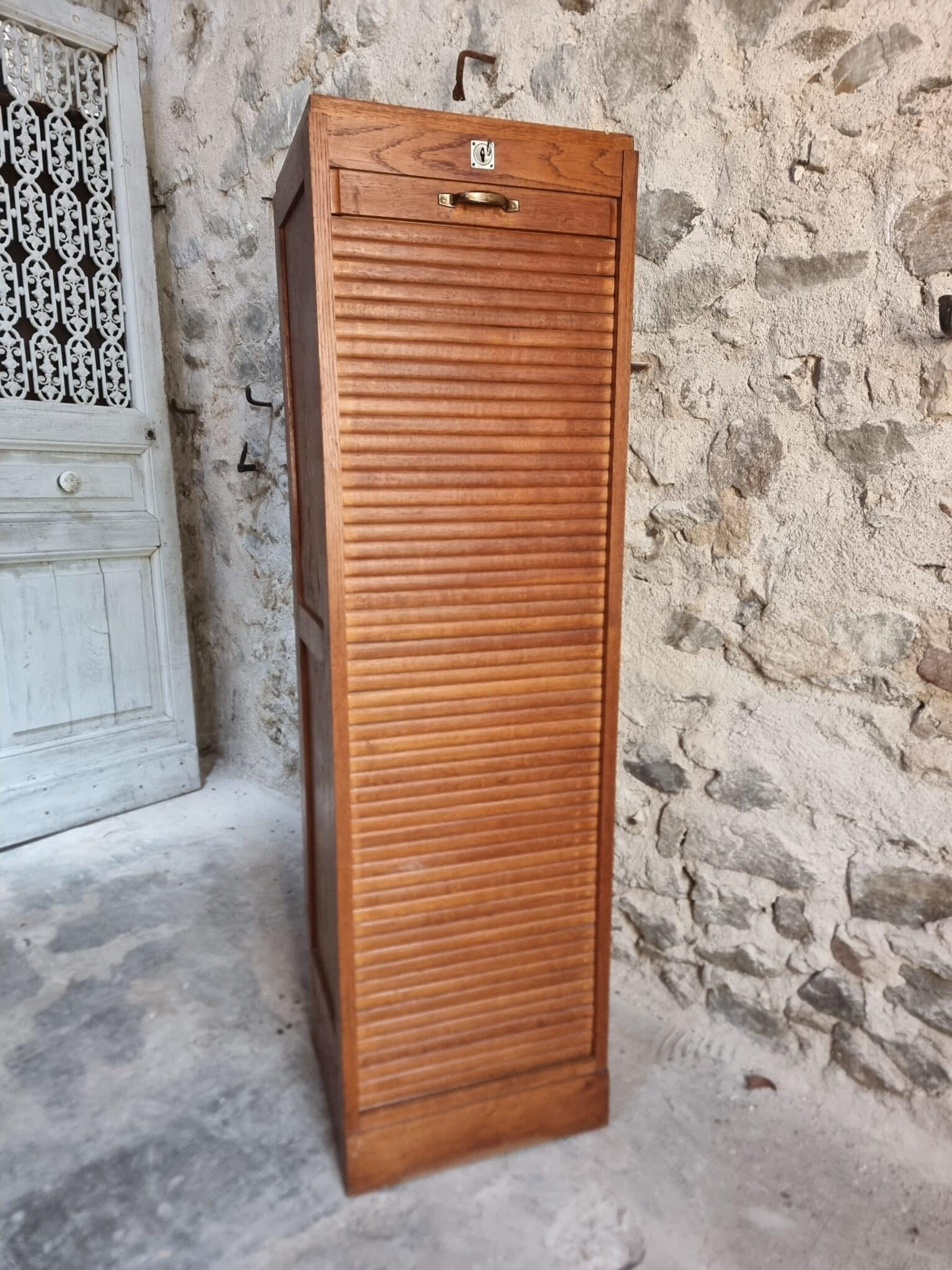 Vintage French Tambour Door Cabinet, 1960s (6)
