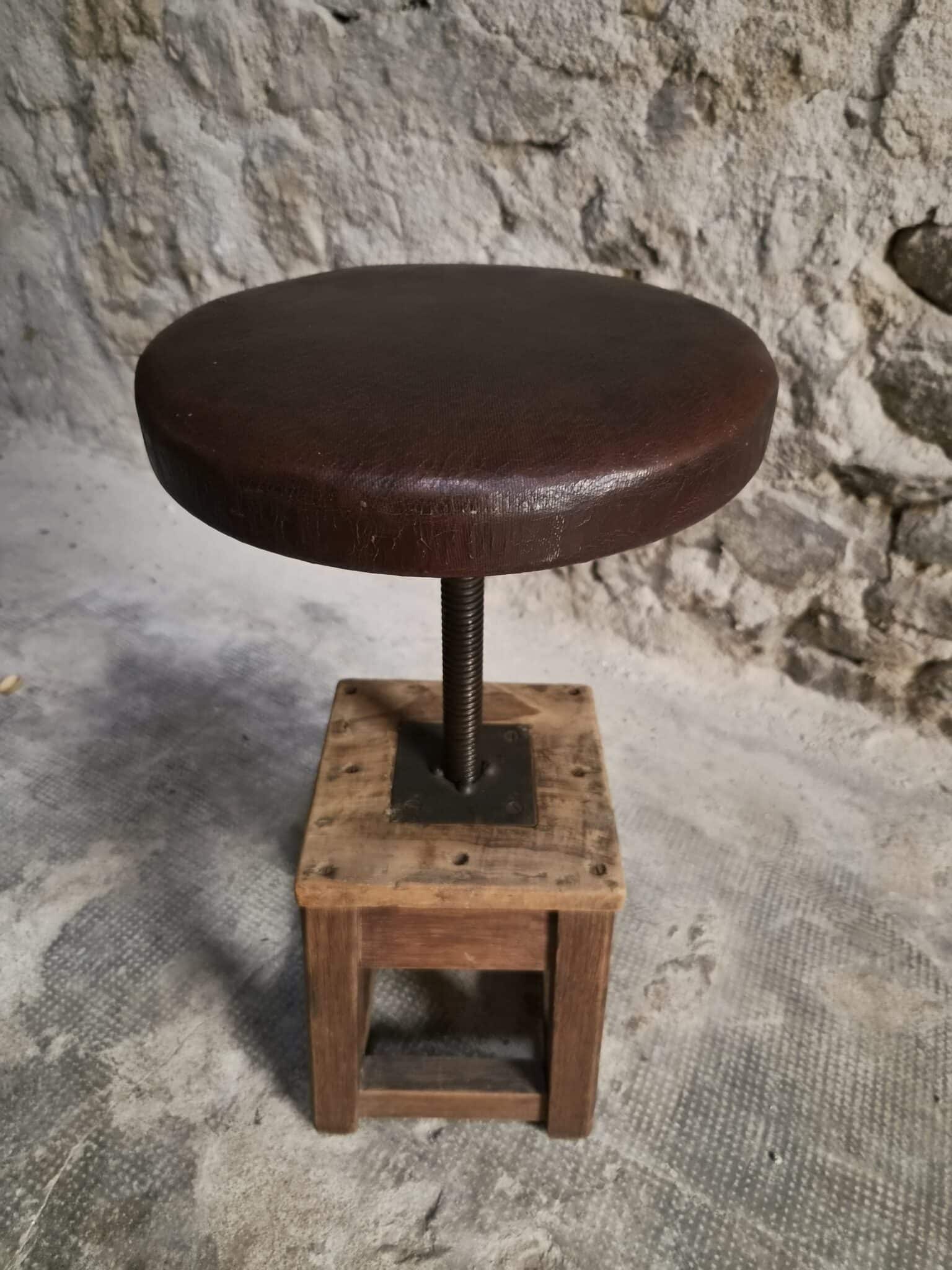 Antique French Adjustable Oak Workshop Stool Swivel Work Stool Industrial Stool Early 20th Century (10)