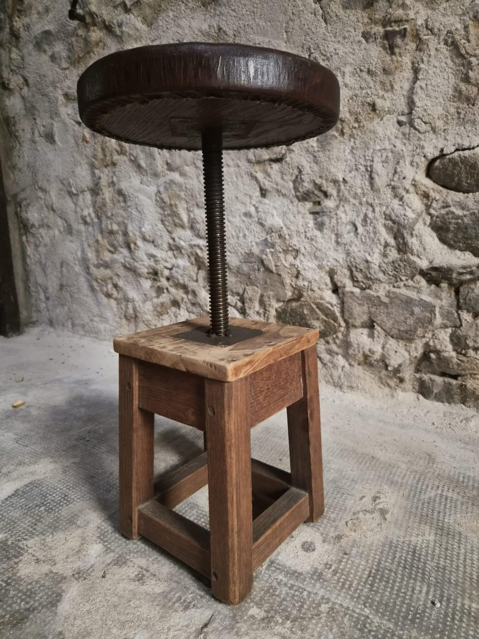 Antique French Adjustable Oak Workshop Stool Swivel Work Stool Industrial Stool Early 20th Century (19)