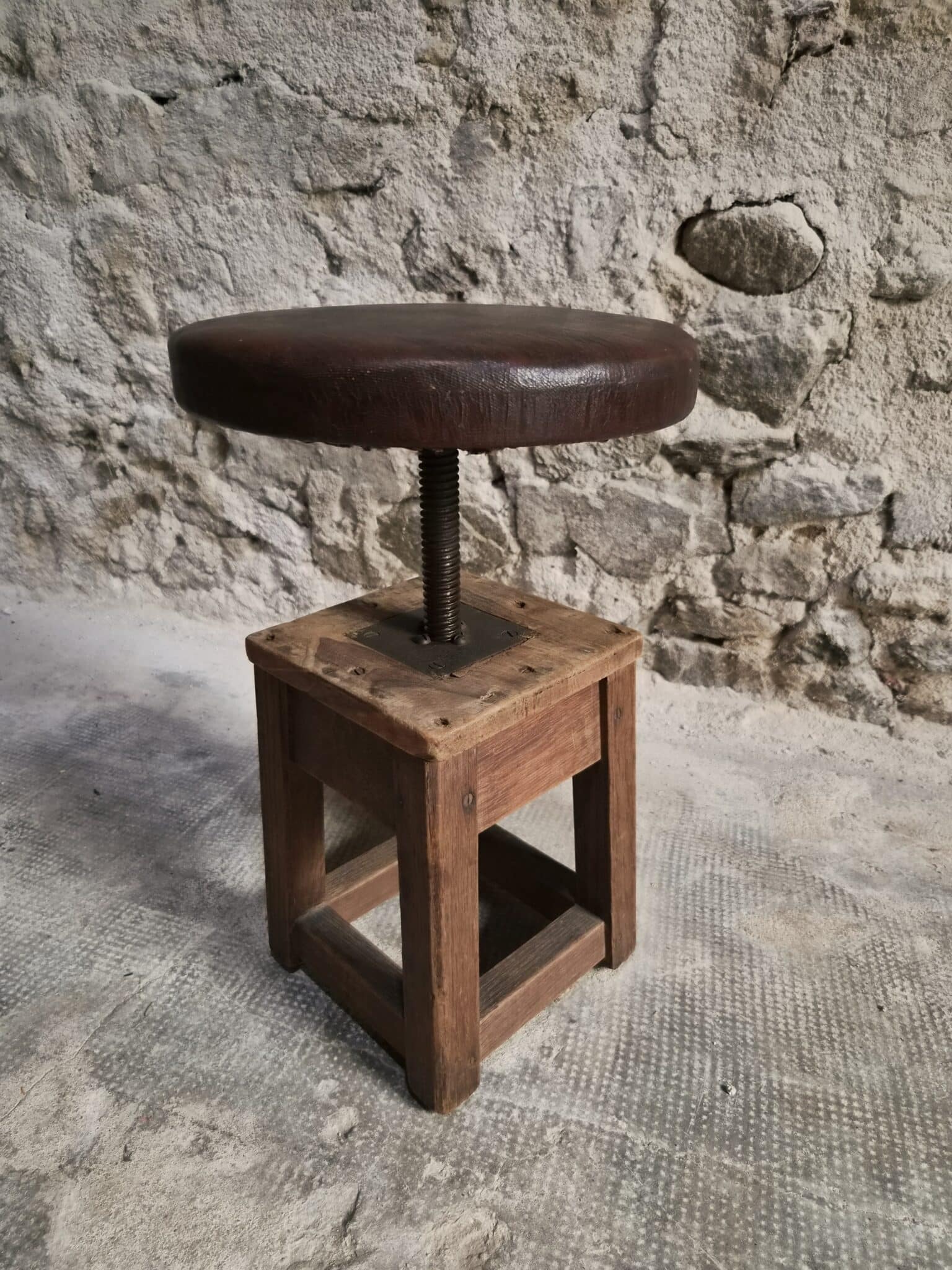 Antique French Adjustable Oak Workshop Stool Swivel Work Stool Industrial Stool Early 20th Century (3)