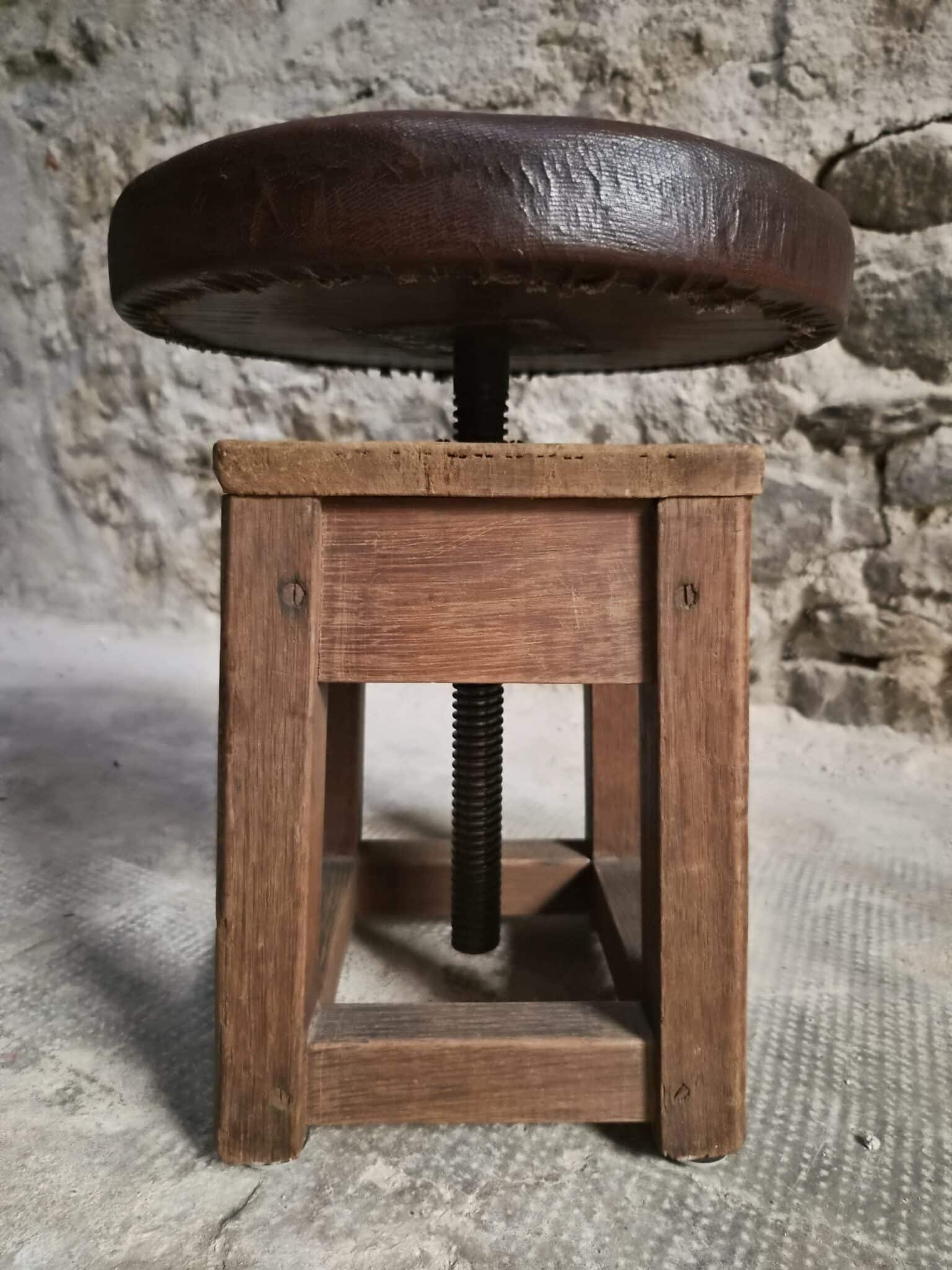Antique French Adjustable Oak Workshop Stool Swivel Work Stool Industrial Stool Early 20th Century (4)