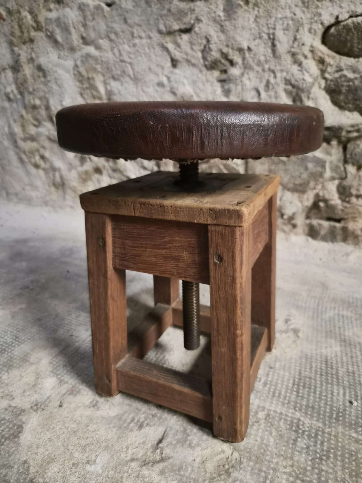 Antique French Adjustable Oak Workshop Stool Swivel Work Stool Industrial Stool Early 20th Century (6)