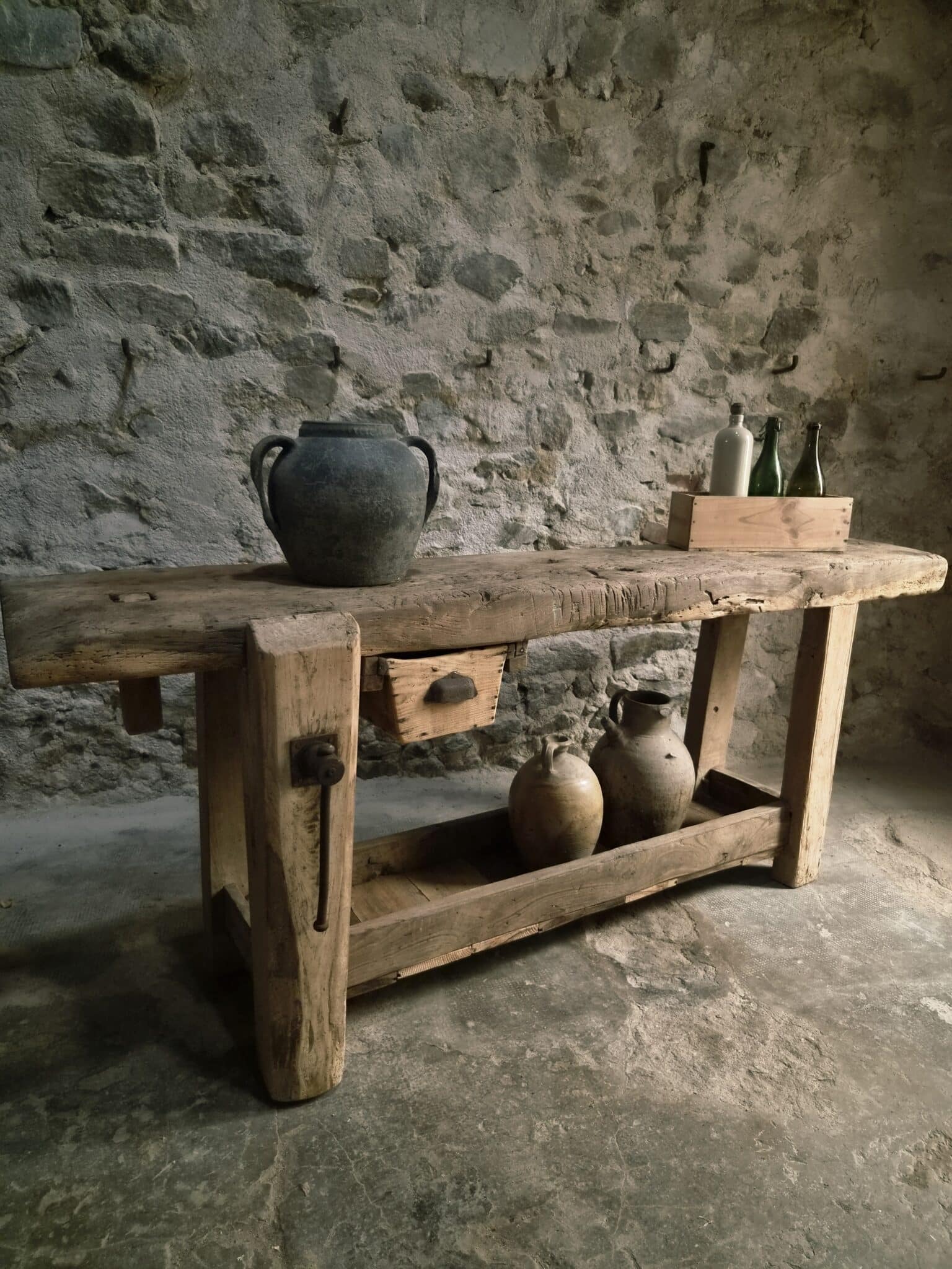 Antique French Oak Workbench 19th Century Rustic Console Table (10)