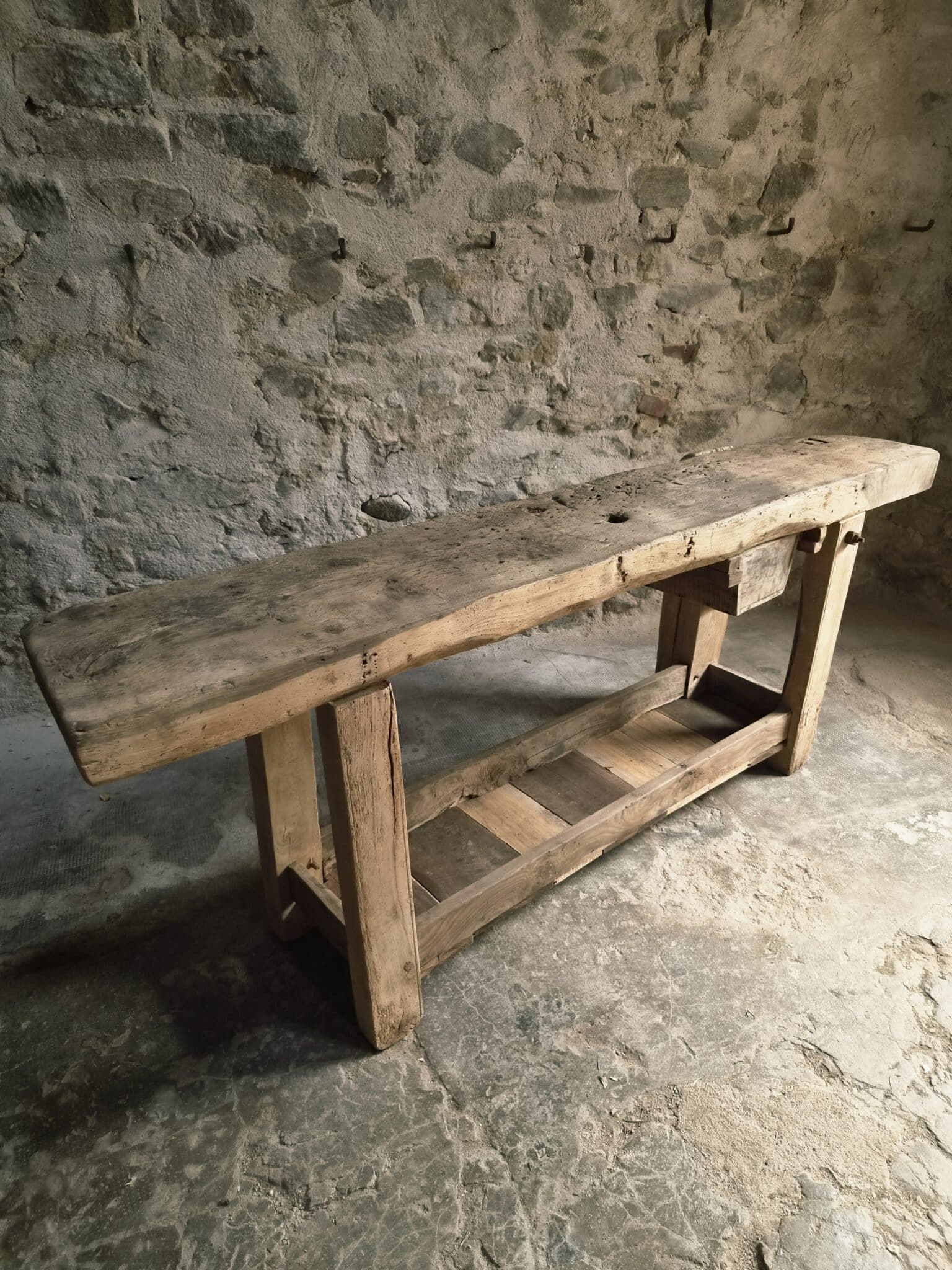 Antique French Oak Workbench 19th Century Rustic Console Table (11)