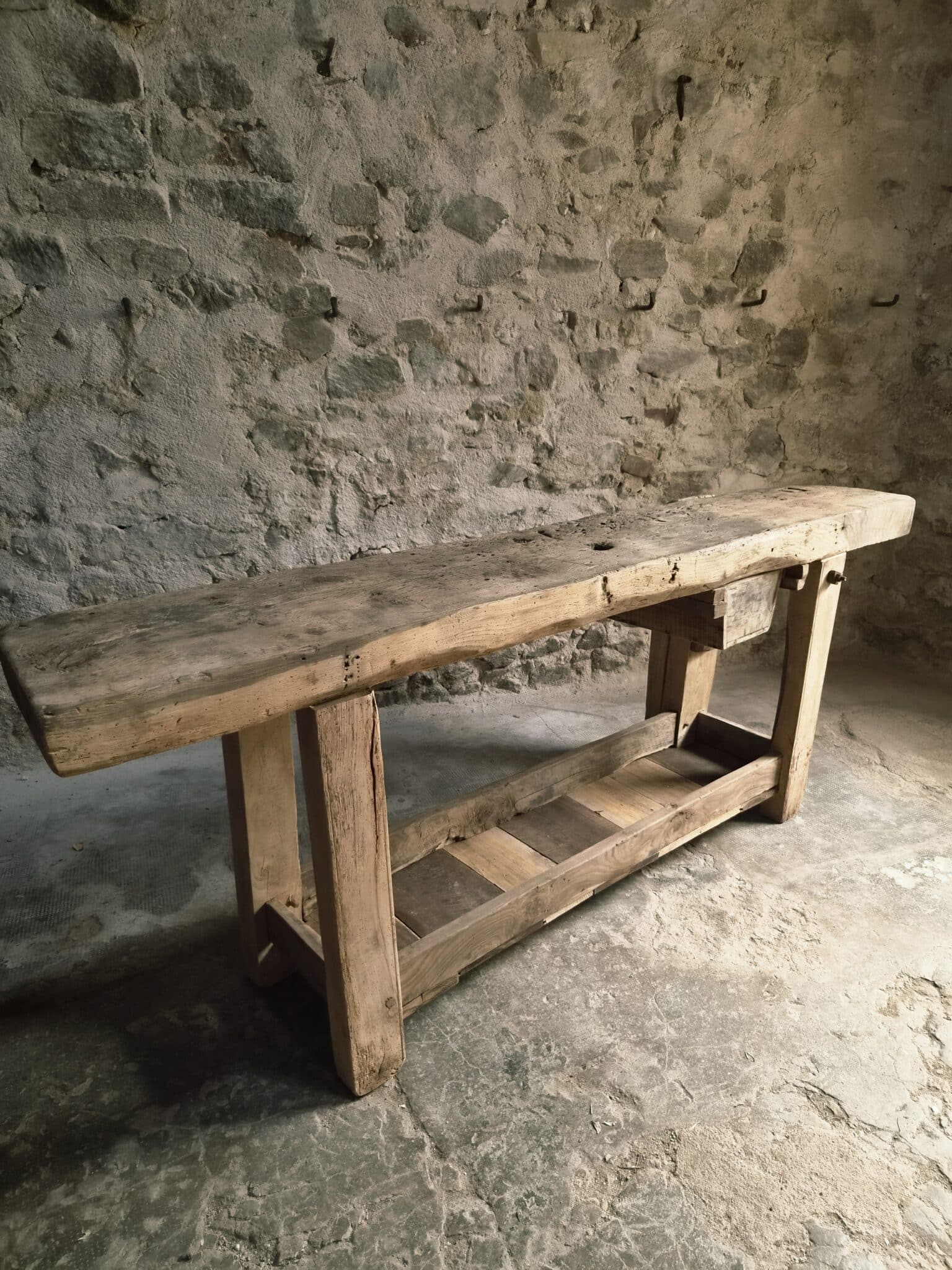 Antique French Oak Workbench 19th Century Rustic Console Table (12)
