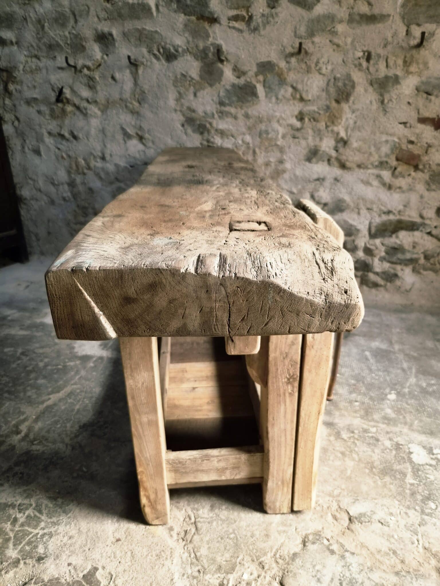 Antique French Oak Workbench 19th Century Rustic Console Table (13)